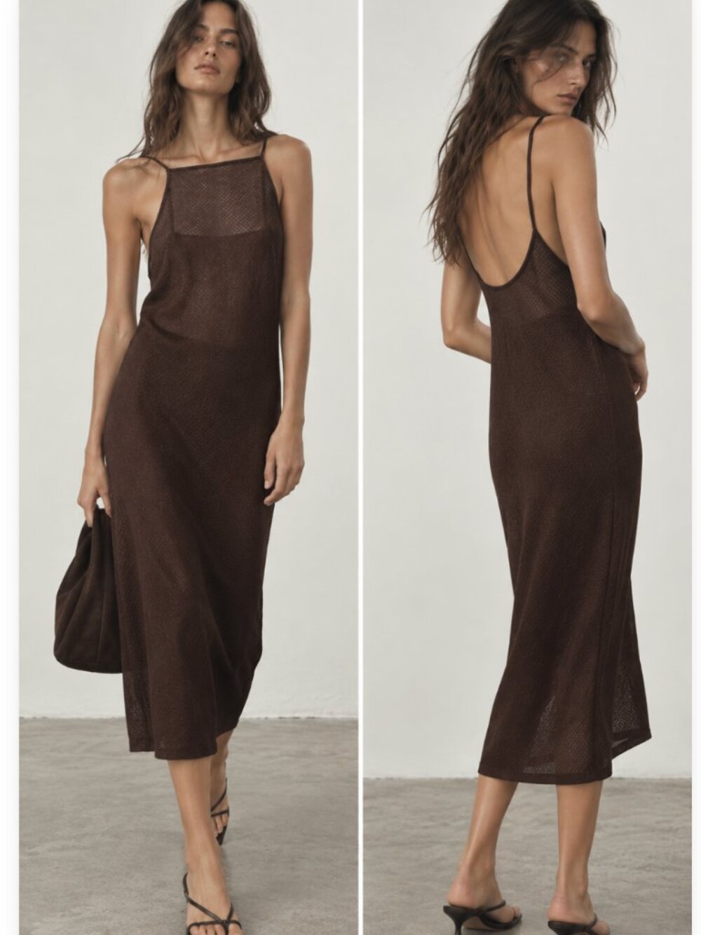 ZARA Mesh Open Knit Brown Cover Up Sheer Midi Dress Brown Large